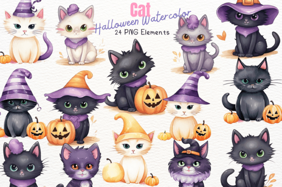 Cat Halloween Watercolor Cliparts: 24 High-Res Designs