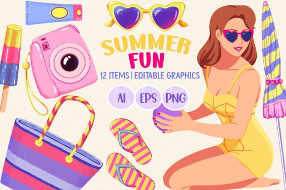 Summer Beach Fun Clipart Set: Elevating Digital and Print Design with Hand-Drawn Charm